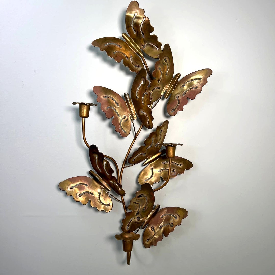 Brass Butterflies Triple Wall Sconce 3D Metal Sculpture Vintage