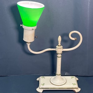 Tole Painted Desk Table Lamp Green Cream Metal Glass Shade Vintage image 2