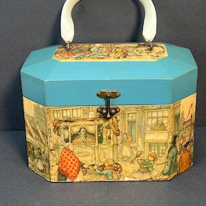 Vintage Anton Pieck Box Purse Decoupage Wood 60s Victorian Circus Variete