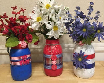 July 4th Distressed Mason Jars - Red, White & Blue Mason Jars - Independence Day Decorated Mason Jars - Floral Distressed Mason Jars Decor