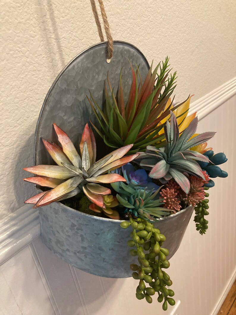 Hanging Faux Succulents in Galvanized Metal Container Colorful Vintage