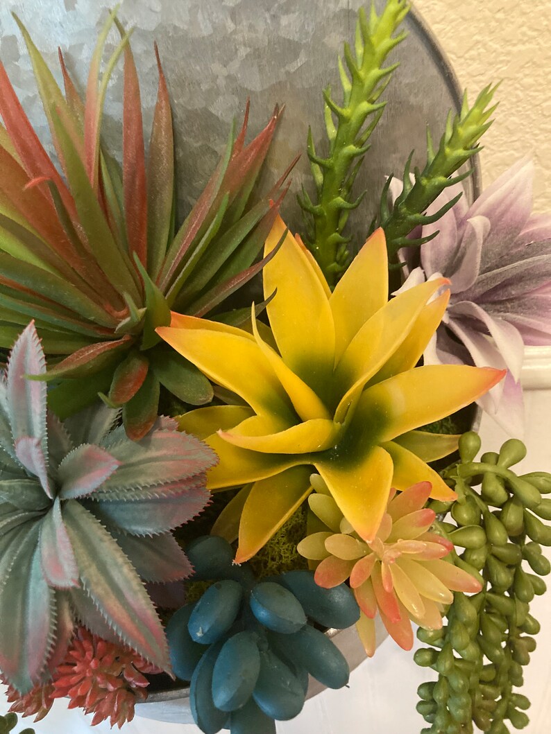 Hanging Faux Succulents in Galvanized Metal Container Colorful Vintage