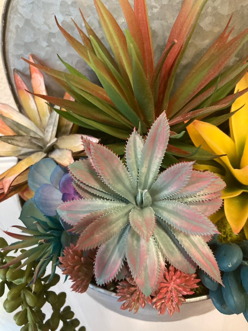 Hanging Faux Succulents in Galvanized Metal Container Colorful Vintage