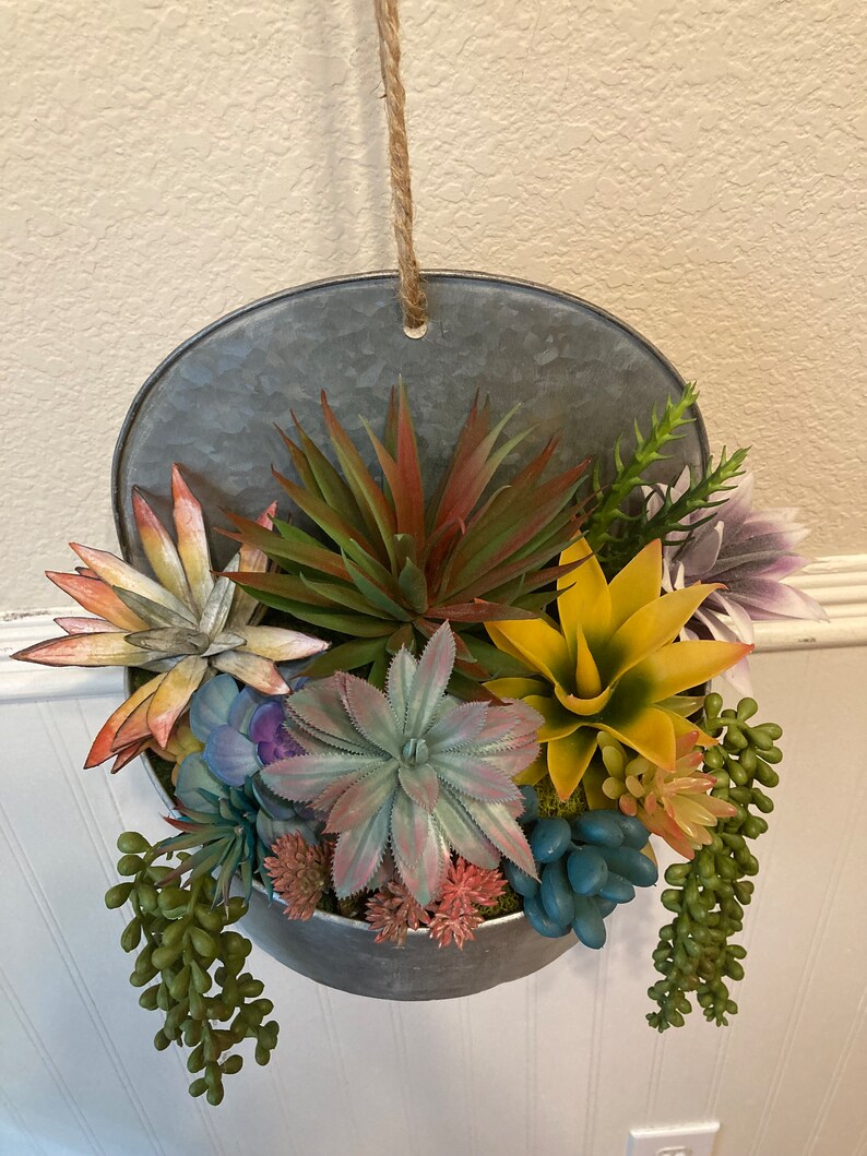 Hanging Faux Succulents in Galvanized Metal Container Colorful Vintage