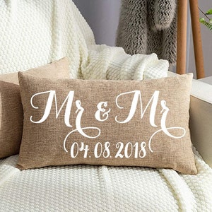 Personalized Gay Wedding Burlap Couples Pillow - Mr and Mr Wedding Pillow- Gay Couple Gift - EnGAYged - LGBT - Mr and Mr Wedding Gift