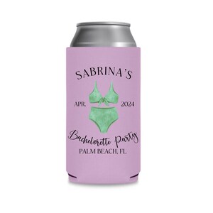 May include: A purple can cooler with a silver top. The cooler has a green bikini illustration and the text "Sabrina's Apr. 2024 Bachelorette Party Palm Beach, FL"