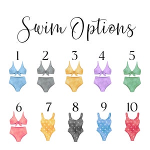 May include: Ten different swimsuit options, numbered 1 through 10. Each swimsuit is a different color and style, including bikinis and one-piece suits.