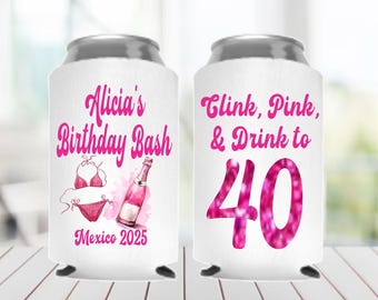 Champagne Birthday Theme, 40th Birthday Can Coolers, Pink Glitter Cans, Clink Pink & Drink Themed Party, Girls Trip Party Favors, Watercolor