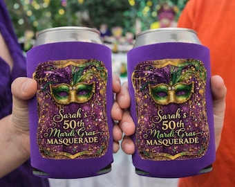 Personalized Mardi Gras Birthday Koozie Masquerade Party Favor
