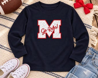 Go Rebs Sequin M Shirt, Navy Youth Long Sleeve Shirt, White Sequin Applique, Embroidered Kids Game Day Tee