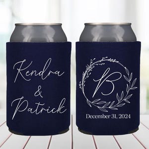 Wedding Wreath Cans, Beer Can Holder, Personalized Wedding Can Coolers, Wedding Toast, Custom Reception Bar, Monogram Wedding Favors