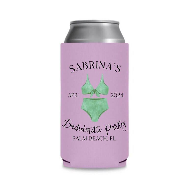 May include: A purple can cooler with a silver top. The cooler has a green bikini illustration and the text "Sabrina's Apr. 2024 Bachelorette Party Palm Beach, FL"
