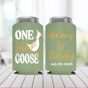 One Silly Goose Birthday • 1st Birthday Party Favors for Boy or Girl • Personalized Can Coolers • Green Goose Theme • Neutral First Birthday