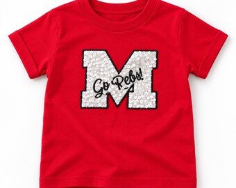 Go Rebs Youth Shirt, Sequin M Applique Tee, Red Kids Game Day Shirt, Embroidered Girls Shirt, Youth Spirit Wear