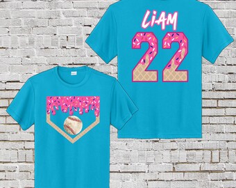 Custom Birthday Baseball Shirt Baseball Drip Tshirt Baseball Birthday Shirt Number Pink Ice Cream Shirt Blue Ice Cream Shirt 22 Baseball