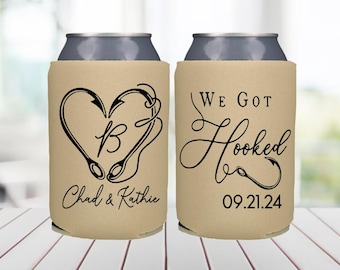 We Got Hooked Can Coolers: Fishing Wedding Favors, Beach Party Beer Holders