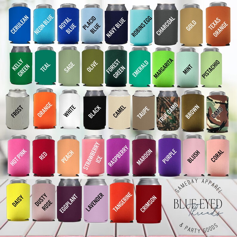 May include: A collection of 48 colorful can coolers with various designs and colors, including camo, floral, and solid colors. The coolers are made of neoprene and have a zipper closure. The text "GAMEDAY APPAREL BLUE EYED BREADS & PARTY GOODS" is printed on the bottom of the image.