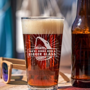 Jaws Etched Beer Glass - For Fans of Jaws, Laser Etched Shark Pint Glass, Add Custom Text to Back, Design: JAWS