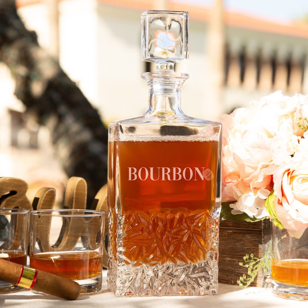 Etched Bourbon Glasses & Decanter Set Engraved Barware Cocktail Glass ...