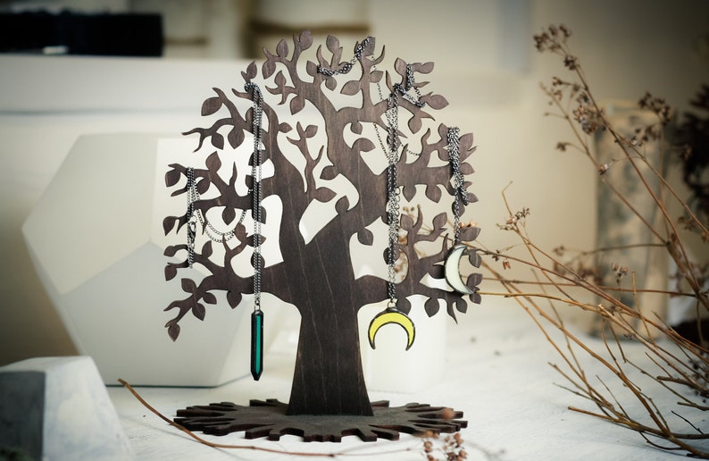 Wooden Tree Jewelry Display Wood Earring Necklace Holder Storage Organizer