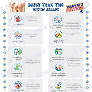 Może przedstawiać: Kolorowa karta do głosowania zatytułowana "DAISY YEAR TWO VOTING BALLOT" z różnymi opcjami aktywności. Każda opcja jest reprezentowana przez okrągłą ikonę i zawiera krótki opis. Karta do głosowania zawiera ilustracje i frazę "YOUR VOTE MATTERS".