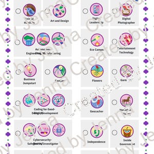 Può includere: Una scheda elettorale "Junior Badge Voting Ballot" con opzioni di attività come "Art and Design" e "Digital Photographer". La scheda elettorale include la frase "Your Vote Matters". Il testo è in viola e verde.