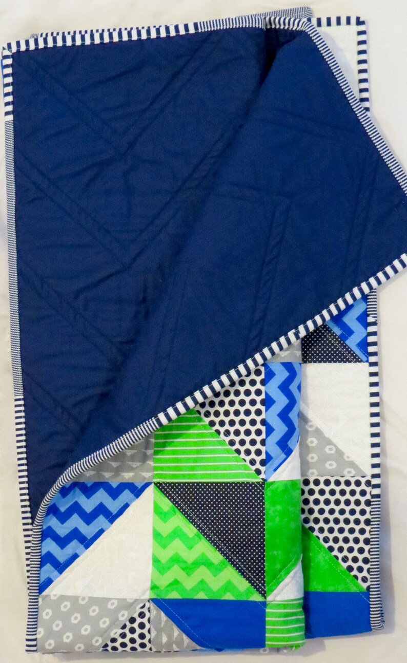 Modern Handmade Baby Boy Quilt, Baby Quilt, Crib Quilt, Half Square