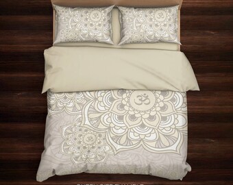 Om Bedding, Mandala Bedding, Hippie Bedding, Bohemian Bedding, Ethno Bedding, Boho Bedding, Full, Queen, King Bedding, Beige Bedding