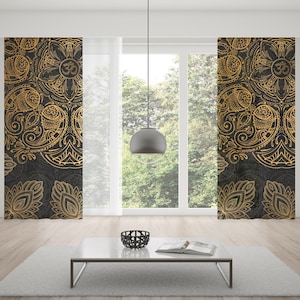Black and Gold Mandala Window Curtains: Boho Rod Pocket Style