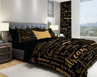 Quotes Comforter, Modern Comforter, Sign Comforter, Queen Comforter, Full Duvet Set, Positive Quotes Comforter, Black and Gold Comforter