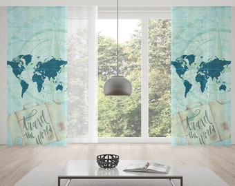 World Map Curtains, Travel Map Curtains, Teal Window Curtains, Toddler Room Decor, Teen Curtains, Kid Room Decor, Travel Map Decor