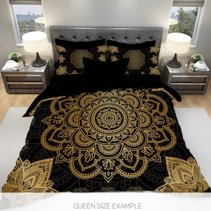 4 Pcs Boho Bedding Set, Queen Bohemian Bedding Set 4 Pcs, King Boho Duvet Cover Set, Gold Mandala Boho Bedding Set