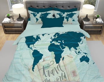 World Map Bedding, Travel Bedding, Explore Bedding, Travel Bedroom Decor, World Map Duvet Cover, Queen Bedding, King Bedding, Full Bedding