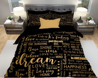 Quotes Bedding, Sign Bedding, Positive Quotes Bedding, Modern Bedding, Art Bedding, Motivational Quotes,Queen Bedding,Black and Gold Bedding