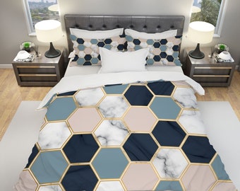 Marble Bedding, Marble Duvet Cover, Geometric Bedding, Hexagon Bedding, Modern Bedding, Abstract Bedding, Queen Bedding, Art Bedding