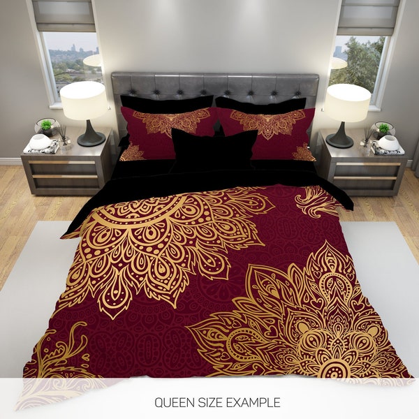 Mandala Bedding, Gold and Burgundy Mandala Bedding, Mandala Duvet Cover, Mandala Duvet Set, Bohemian Bedding, Boho Bedding, Boho Duvet Cover