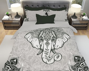 Elefant Bettwäsche, Mandala Elefant Bettwäsche, Boho Bettwäsche, Indie Bettwäsche, Grau Bettwäsche, Boho Bettwäsche, Hippie Bettwäsche, Queen Bettwäsche