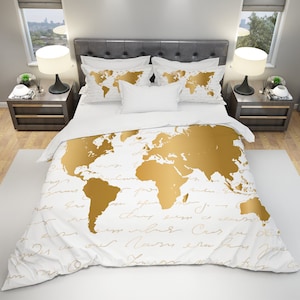 World Map Bedding, White and Gold World Map Bedding, Travel Bedding, Inspirational Quote Map Bedding, Travel Bedroom Decor, Explore Bedding image 1