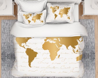 World Map Comforter, Golden World Map Comforter, King Comforter, Twin Comforter, Queen Comforter, Full Comforter, Explore Duvet