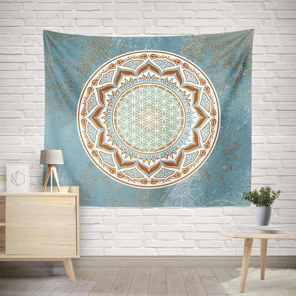 Flower Of Life Tapestry, Flower Of Life Wall Decor, Vintage Blue Tapestry, Blue Mandala Wall Hanging, Mandala Home Decor, Housewarming Gift
