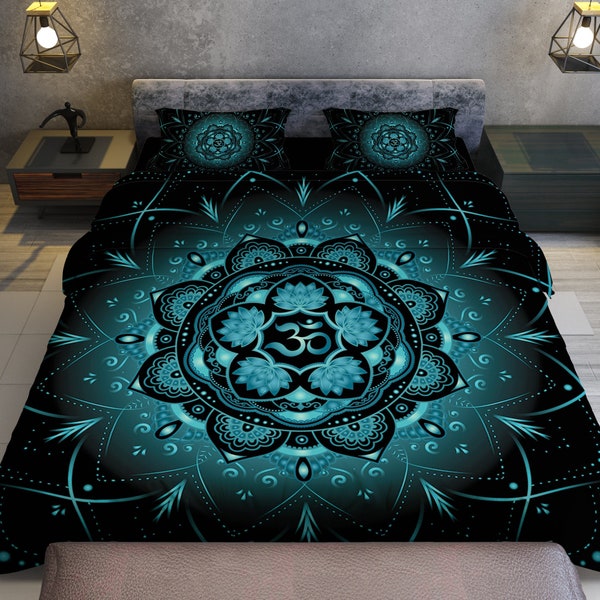 Lotus Mandala Bedding, Lotus Bedding, Teal Mandala Bedding, Queen Mandala Bedding, King Mandala Bedding, Teal Bedding, Teal Queen Bedding