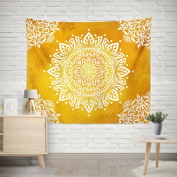 Yellow Tapestry, Wall Tapestry, Mandala Tapestry, Bohemian Tapestry, Wall Hanging, Flower Mandala Tapestry, Teen Tapestry, Room Meditation