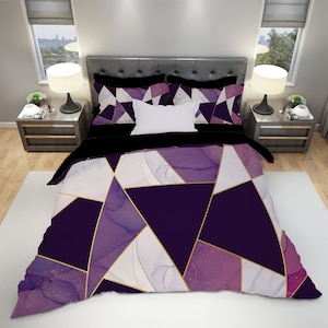 Purple Marble Bedding Set: Geometric Duvet Cover, Organic Cotton