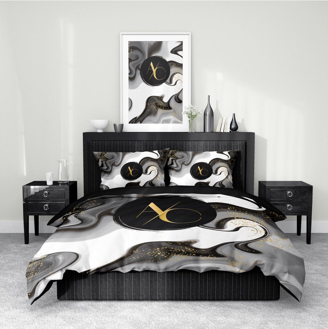 Custom Comforter Set, Black and White Comforter, Initials Comforter