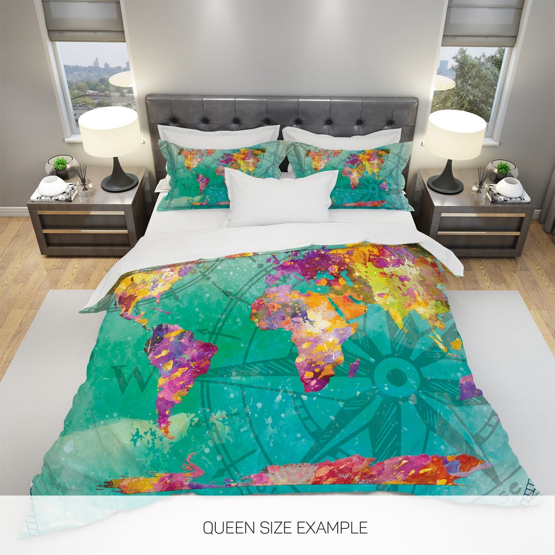 Colourful World Map Bedding, World Map Duvet Cover, Travel Bedding 