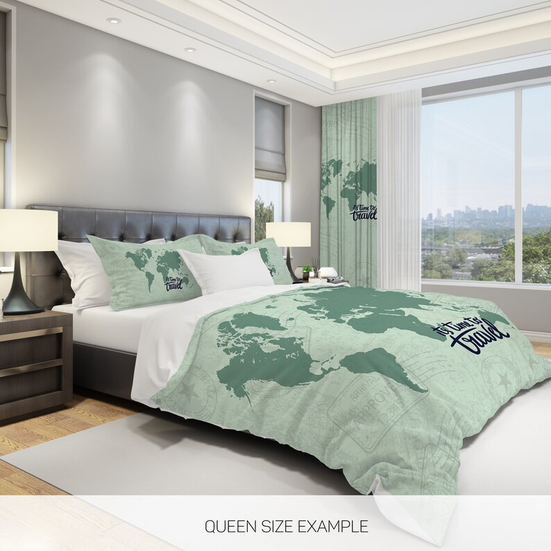 World Map Comforter Travel Map Comforter Mint Green Bedding Etsy