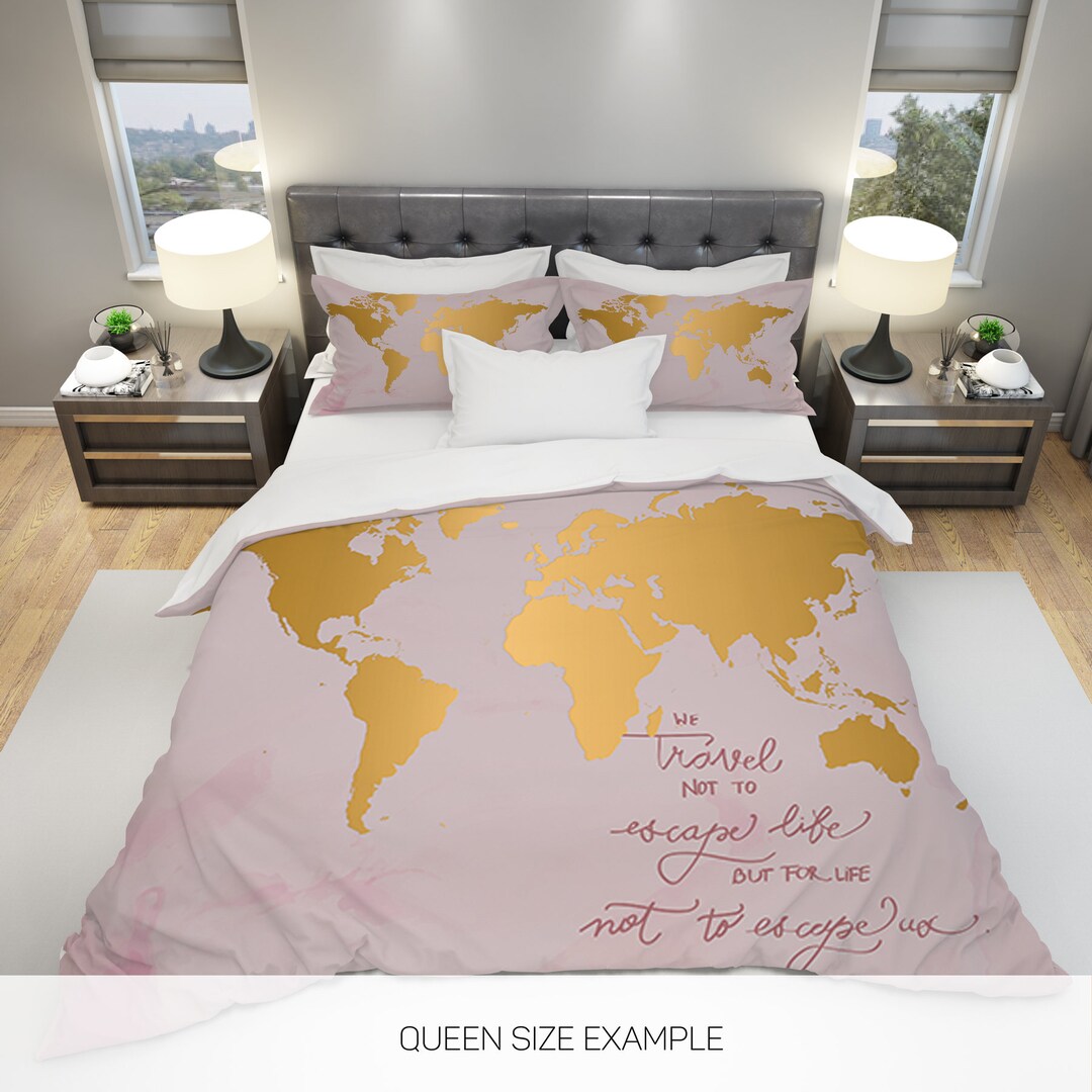 World Map Bedding, Golden World Map Bedding, Travel Bedding 