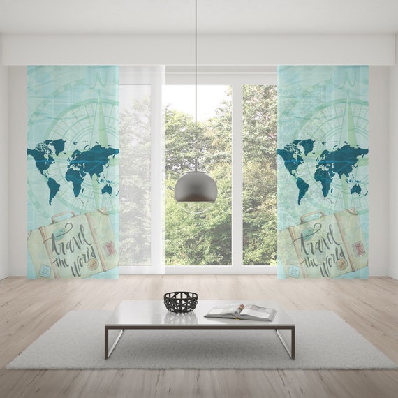 Map Window Curtains World Map Decor Travel Decor Travel Map Etsy