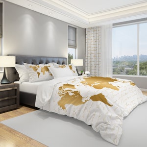 World Map Bedding, White and Gold World Map Bedding, Travel Bedding, Inspirational Quote Map Bedding, Travel Bedroom Decor, Explore Bedding image 2