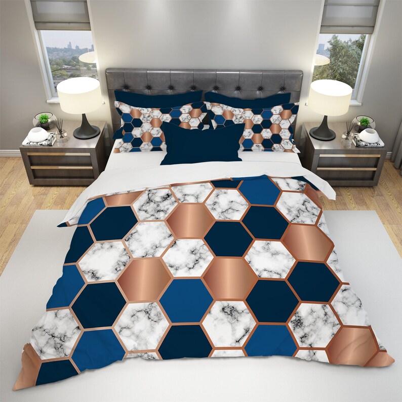 Marble Bedding Marble Blue Duvet Cover Geometric Bedding Etsy